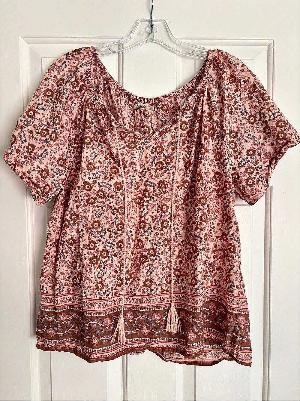 Faherty Pink Brown Floral Border Print Tie Neck Cotton Blouse - Extra Small